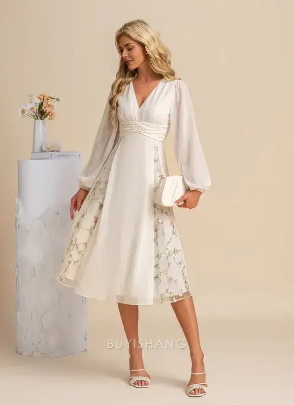 Elegant A-line V-Neck Long Sleeve Floral Embroidered Chiffon Midi Dress Prom Dresses